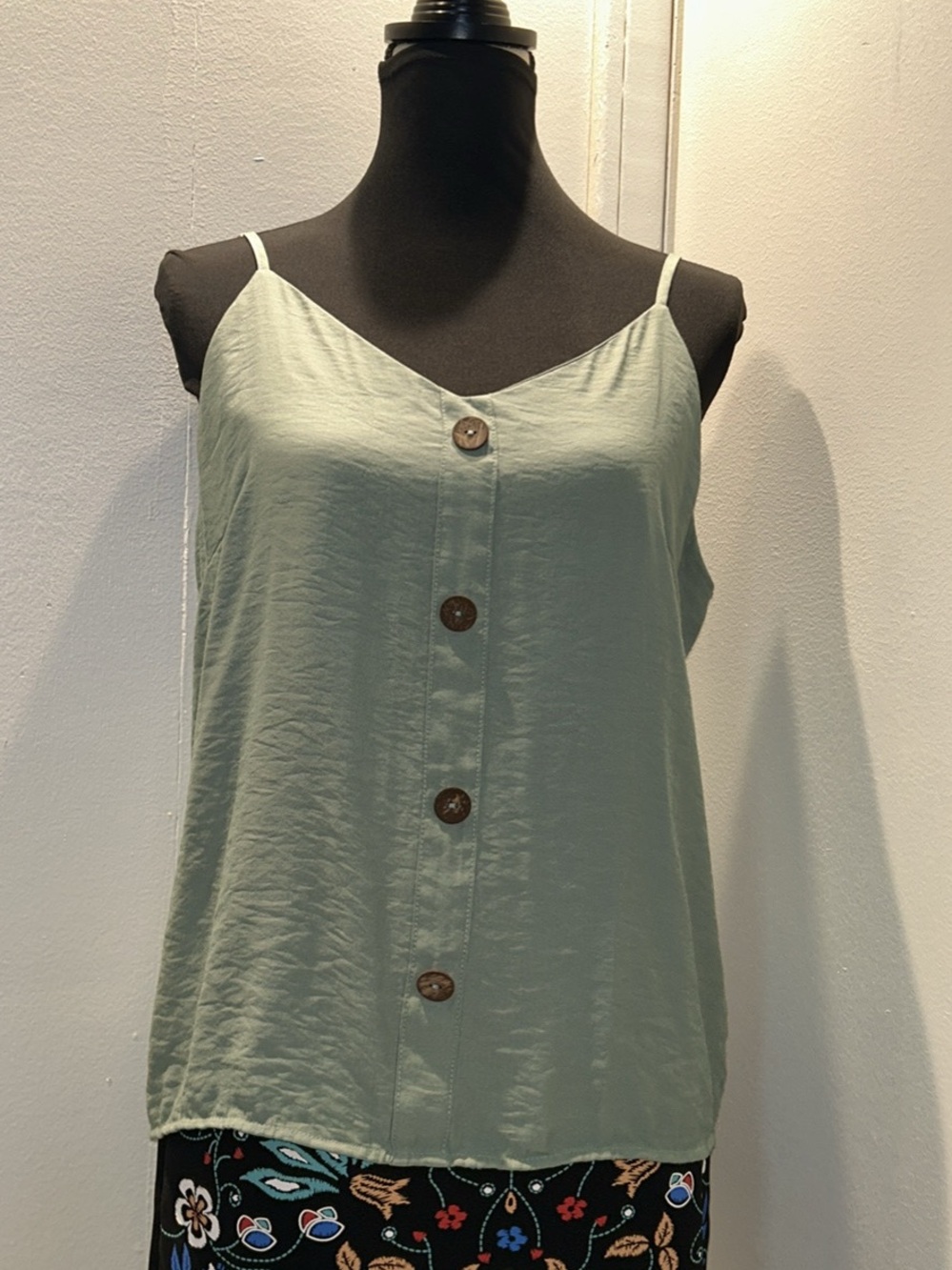 Sage Button-Front Spaghetti Strap Camisole and Black Floral Mini Skirt